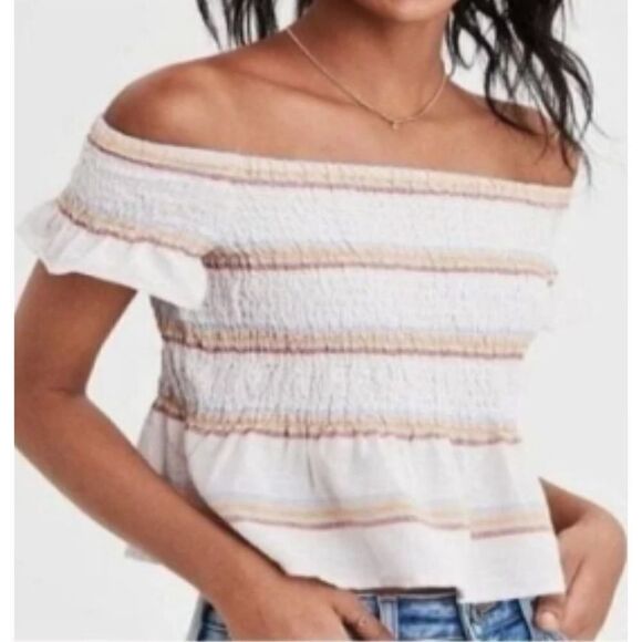 American Eagle Womens‎ Smocked Striped Cropped Peplum Top Multicolor Medium - Picture 1 of 9